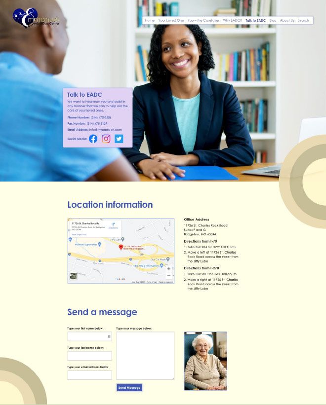 Screenshot of the company's contact page, "Talk to EADC". The page includes integration with Google Maps and a custom-built messaging form.