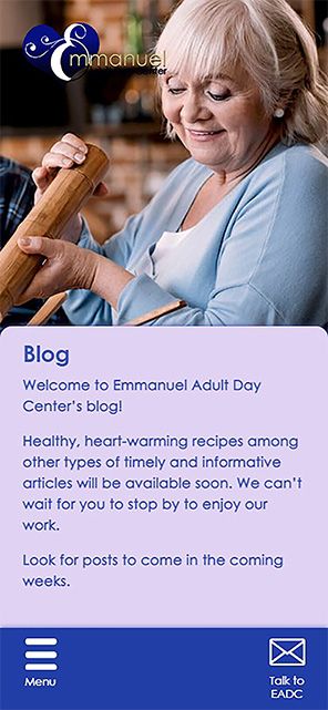 Screenshot of Emmanuel Adult Day Center's Blog homepag, made specifically for a mobile device