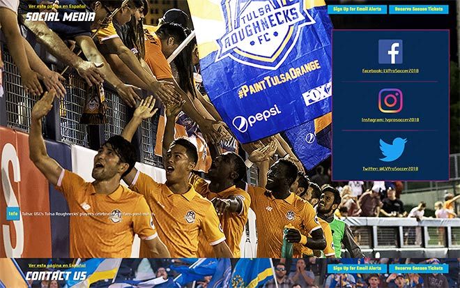 Screenshot of Las Vegas Pro Soccer 2018's Social Media section. The full-screen, energetic photos along with the large social media icons reflects the team's electric intensity.